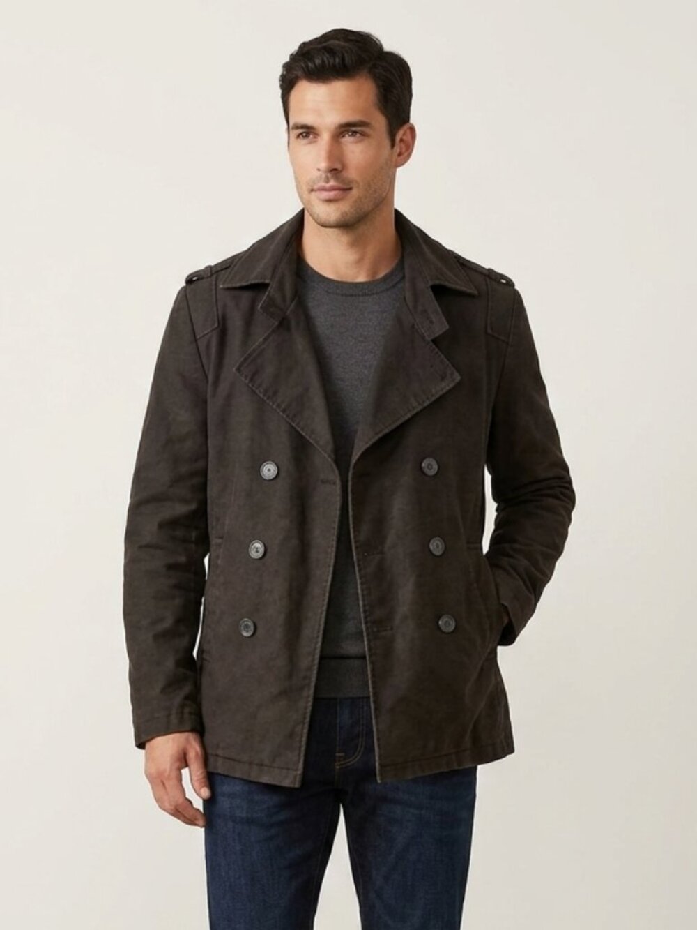 Le Chateau 100% Cotton Double-Breasted Black Short Trench Coat